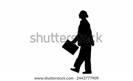 Business woman in formal outfit walking with confident focused face expression. Side view. Black silhouette on a white isolated background.