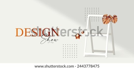 3D realistic product display design template. White scene with abstract geometric composition withvase, monstera palm leaves and standing banner. Elegant vector platform. Stage for showcase