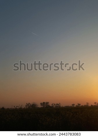 A beautiful view of sunset along with the aeroplane view releasing gases in the sky. The dispersed colours of sunset in the green fields. A great background of blue and orange sky.