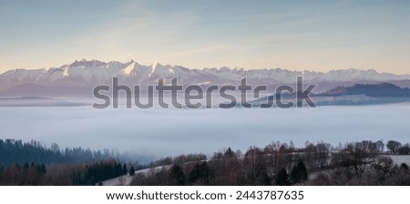 Mountain landscape.in the morning. There is fog in the valley. View of the Tatra Mountains from the Pieniny Mountain Range. Panoramic photography.