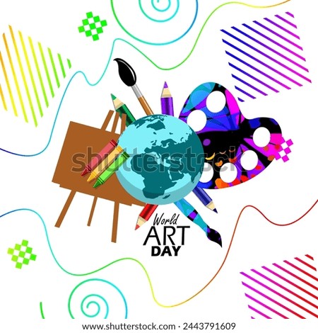 World Art Day event banner. An earth with art tools on white background to celebrate on April 15th
