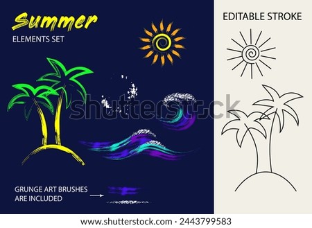 Set, clip art of summer holiday objects. Tropical island, sun icon, ocean sea waves. Paint brush strokes, splattered paint. Bright glowing neon fluorescent colors. Design elements with editable stroke