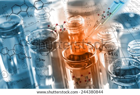chemist dropping the clear reagent into test tube for reaction testing in chemical laboratory,  with chemical equations and periodic table background. Royalty-Free Stock Photo #244380844
