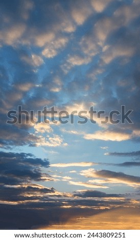 beautiful sunset sky vertical format, lighted fleecy clouds and orange shine Royalty-Free Stock Photo #2443809251