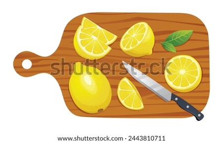 Fresh whole, half and cut slices lemon with knife on cutting board. Vector illustration