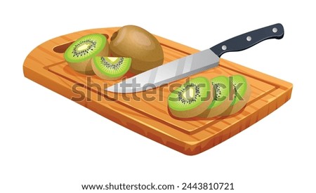 Sliced kiwi fruits with knife on wooden cutting board. Vector cartoon illustration