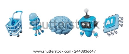 Shopping cart with numbers, microphone, brain, mini robot, processor with AI label