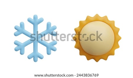 Blue snowflake and yellow sun in 3D style. Vector symbols of cold and heat