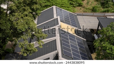 Top view Solar Cell on smart home. Solor photo voltaic panels system power or Solar Cell on love home building roof for producing green ecological electricity. Production of renewable energy.