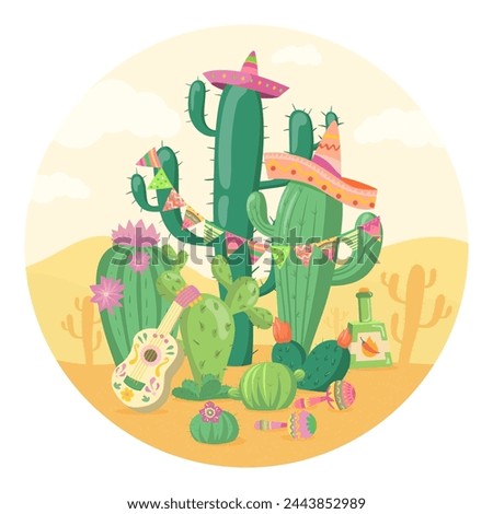 Cactus Festival vector illustration. Cacti in sombreros with guitar and maracas celebrstiong festival. Holiday, Mexican culture and traditions, celebration concept