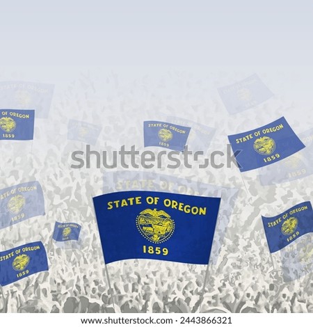 Crowd of people waving flag of Oregon square graphic for social media and news. Vector illustration.
