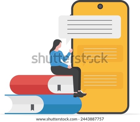 girl sitting on books and using mobile for learning, Learn anywhere, distance learning concept

