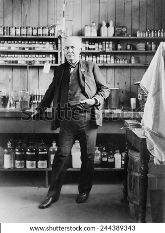 Thomas A. Edison (1847-1931), in his West Orange, New Jersey, laboratory, ca. 1911. Royalty-Free Stock Photo #244389343