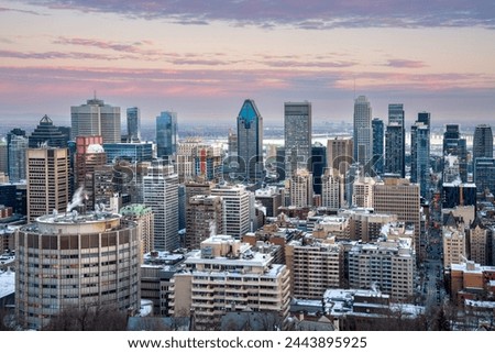 Montreal city, Canada, view of the downtown skyline in the sunset light