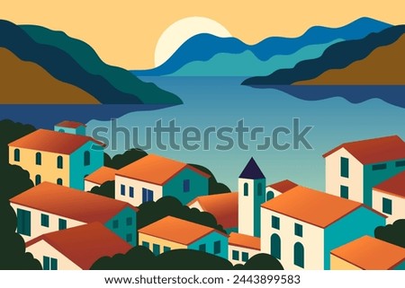 Mediterranean village by the sea. A beautiful fishing village on the seashore. Tourist town with old houses and clay roof against sunset background. Rest and vacation. Royalty-Free Stock Photo #2443899583