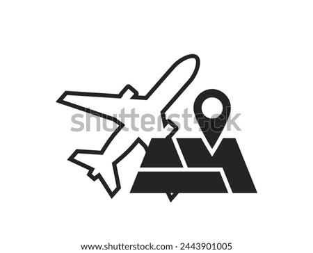 air travel destination icon. plane and map. vacation and journey symbol. black and white vector image for tourism design