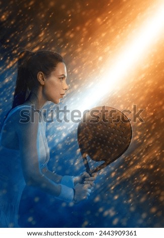 Padel tennis player with racket on tournament. Girl athlete with paddle racket on court at open tour. Neon colors. Sport concept. Download a high quality photo for design of a sports app.
