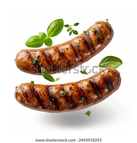 Flying whole grilled sausages with herbs and spices. isolated on white background. hot dog Delicious grilled sausages and vegetables floating in air. 