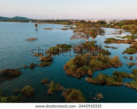 drone shot aerial view low angle twilight hours sunset sky dawn trees forest reflections lakeside pond river bank spring islands grasslands scenery turquoise blue water india tamilnadu wallpaper 