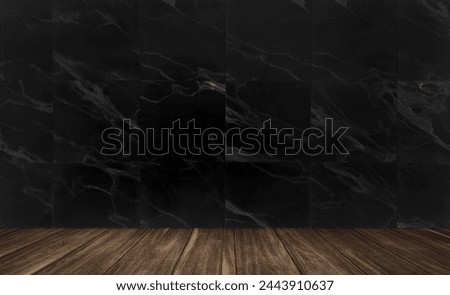 background for photo studio with brown wooden floor and black marble wall tile. empty marble wall room studio background and wood floor perspective, well editing montage for product displayed.