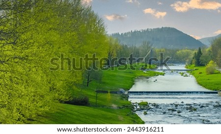 Spring scenery of the Vistula river in Ustron on the hills of the Silesian Beskids. Poland