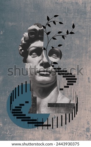 Collage with antique sculptures as human face in pop art style. Modern creative concept image with ancient statue head. Contemporary art poster. Design