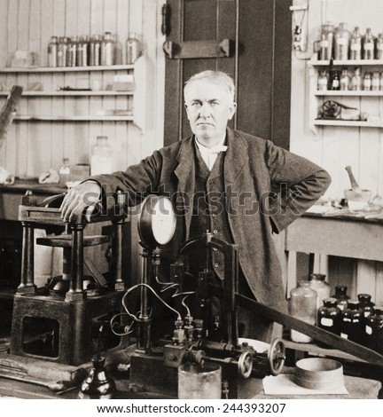 Thomas A. Edison (1847-1931), in his West Orange, New Jersey, laboratory, ca. 1901. Royalty-Free Stock Photo #244393207