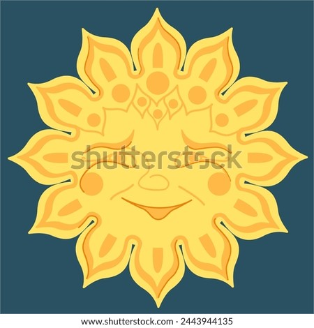 A laughing sun in Slavic style with rosy cheeks and rays like flower petals.