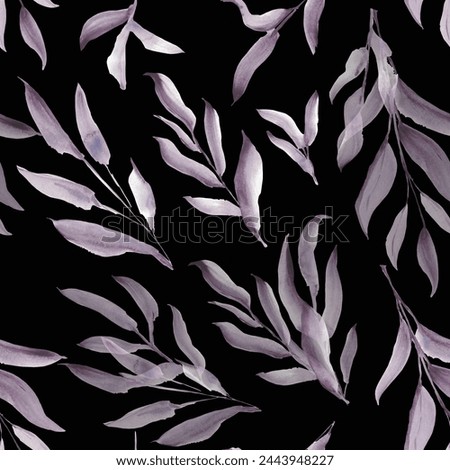 Tree leaf and branch. Watercolor purple leaves. A set elements on a black background. Seamless pattern