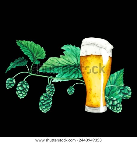 Fresh green hop. Glass of beer. Watercolor hand drawn illustration for Octoberfest. Sketch on a black background for ornament or any design. Hop cones for making beer and bread.