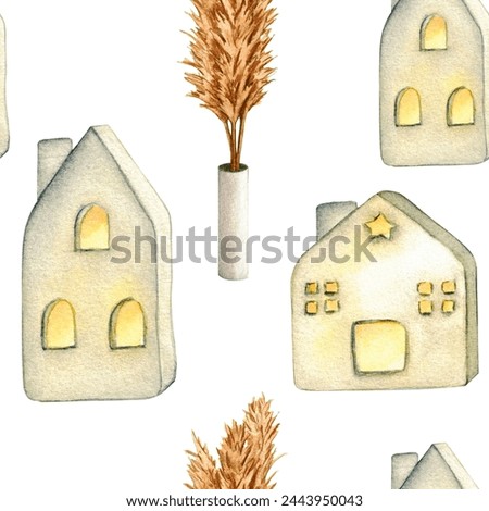 Pattern. Ceramic houses lanterns, vase with dried flowers. Watercolor illustration interior of living room. Clipart. Home decor elements on a white background