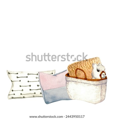 Wicker basket. Toy llama. Wooden shelf with decorative elements. Watercolor illustration interior of living room with pillows, decor. Clipart. Home decor elements on a white background
