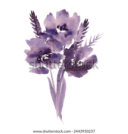 Bouquet. Watercolor wildflowerst. Purple flowers clipart. Floral clip art. Handmade illustration for greeting cards, wallpaper, stationery, fabric, wedding card. Flower frame.