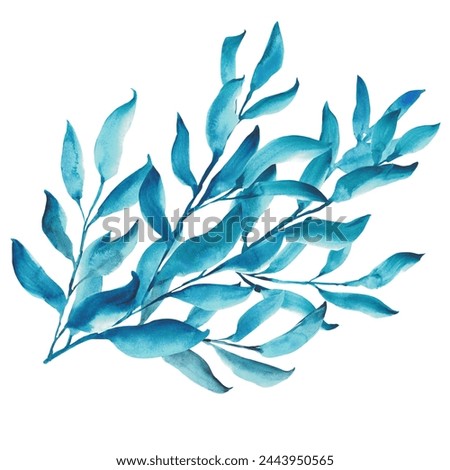Set of blue leaves and branches. Watercolor illustration. Floral design elements. Ideal for wedding invitations.Design elements for patterns, wreathes and frames