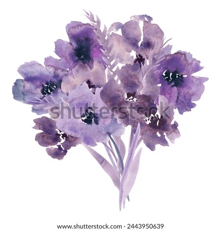Bouquet. Watercolor wildflowerst. Purple flowers clipart. Floral clip art. Handmade illustration for greeting cards, wallpaper, stationery, fabric, wedding card.