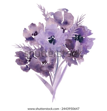 Bouquet. Watercolor wildflowerst. Purple flowers clipart. Floral clip art. Handmade illustration for greeting cards, wallpaper, stationery, fabric, wedding card.