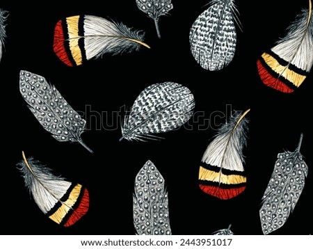 Hand drawn watercolor feather isolated on black background. Seamless pattern Clip art for nursery design.