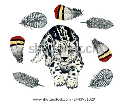 Watercolor wild forest animals: snow leopard kitten, irbis isolated on white background. Clip art for nursery design