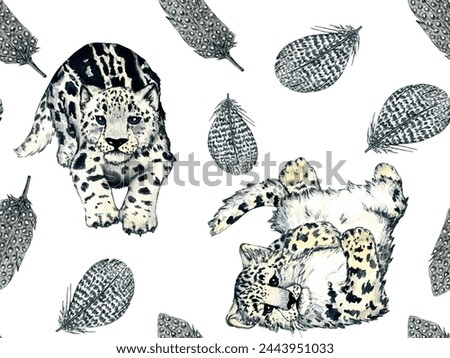 Watercolor wild forest animals: snow leopard kitten, irbis isolated on white background. Clip art for nursery design