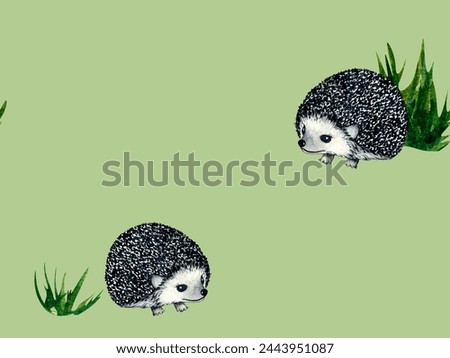Watercolor wild forest animals: hedgehog on green background. Clip art for nursery design