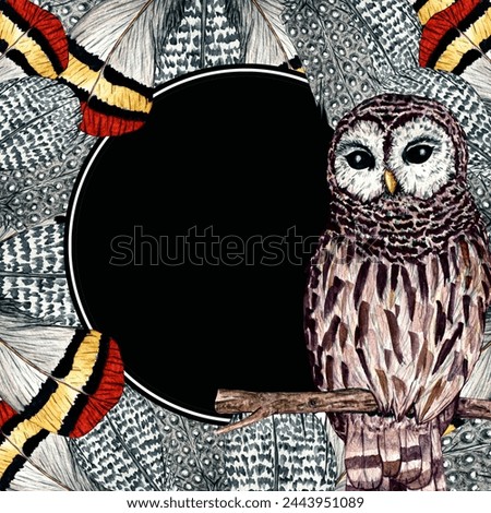 Watercolor frame of feathers and owl isolated on black background. Clip art for nursery design