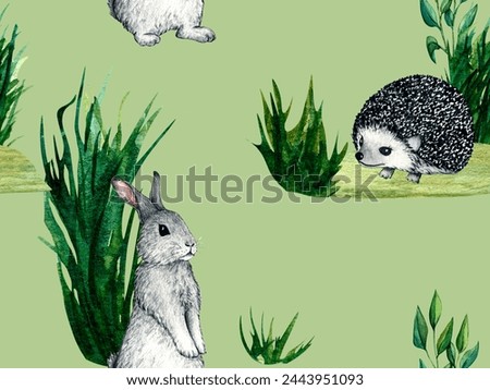 Watercolor wild forest animals: hedgehog and hare, rabbit on green background. Clip art for nursery design