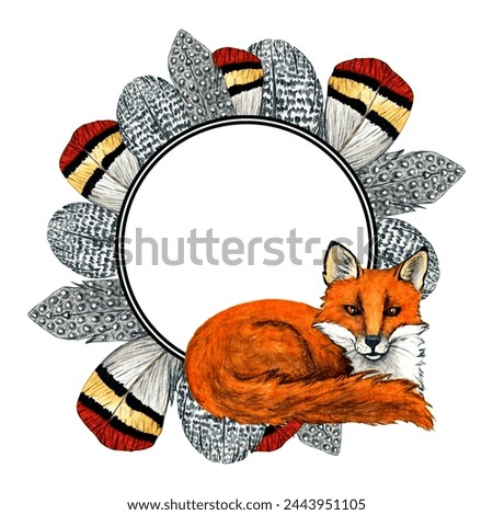 Watercolor frame of feathers fox isolated on white background. Clip art for nursery design