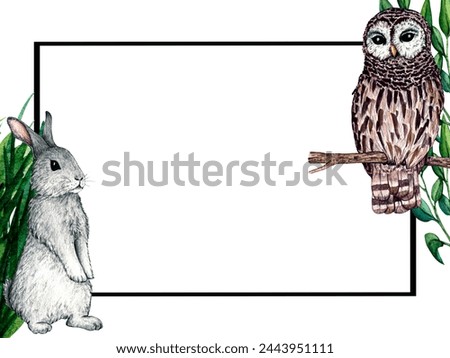 Watercolor frame with owl hare, rabbit isolated on white background. Clip art for nursery design
