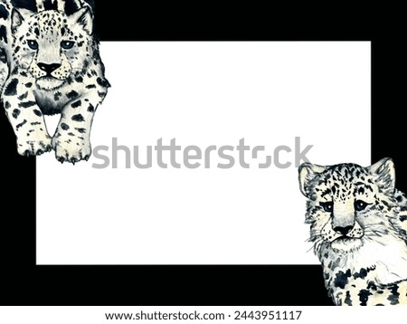 Watercolor frame of snow leopard isolated on white background. Clip art for nursery design