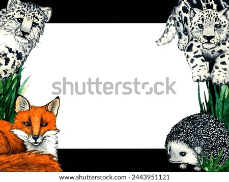 Watercolor frame of snow leopard, fox, hedgehog isolated on white background. Clip art for nursery design