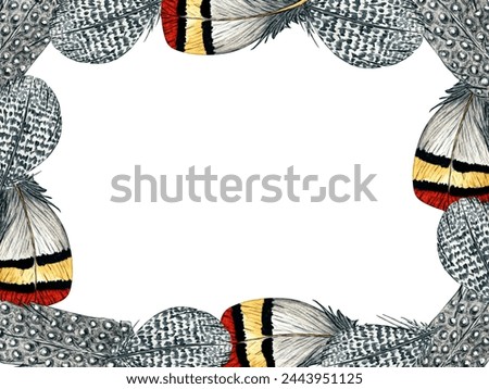Watercolor frame of feathers isolated on white background. Clip art for nursery design