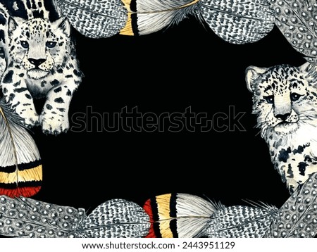 Watercolor frame of feathers and snow leopard isolated on black background. Clip art for nursery design