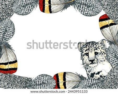 Watercolor frame of feathers and snow leopard isolated on white background. Clip art for nursery design
