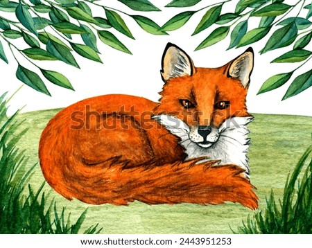 Watercolor wild forest animals: fox on forest lawn scene. Woodland hand-painted nature illustration for kids design, postcards, poster and print. Clip art for nursery design.
